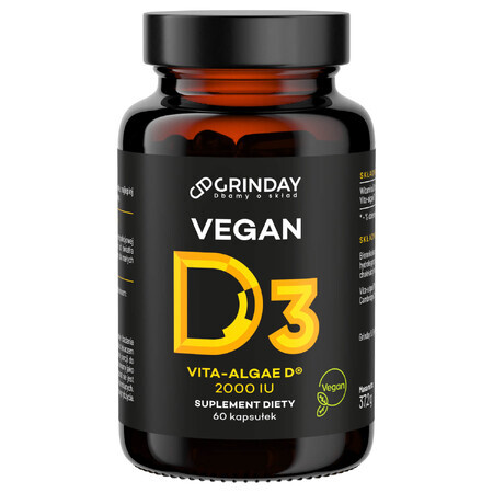 Grinday Vegan D3, vegan vitamin D3 2000 IU, 60 capsules