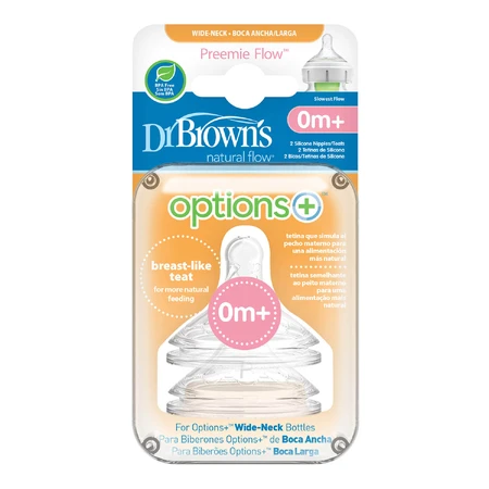 Dr. Brown's, Options+ tetina para biberón de boca ancha, nivel Preemie, para bebés prematuros, 2 piezas