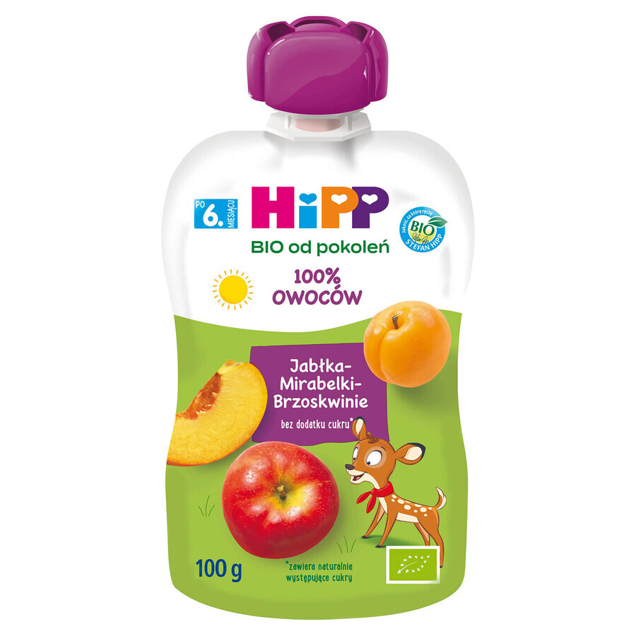 HiPP HiPPiS Bio mousse de fructe, mere, piersici, mirabelle, după 6 luni, 100 g