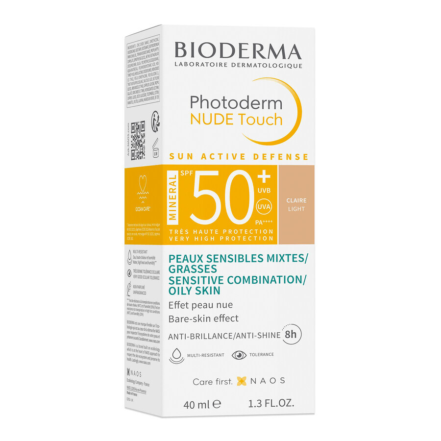 Bioderma Photoderm Nude Touch, Mineralgrundierung mit Nude-Effekt, heller Farbton, SPF 50+, 40 ml