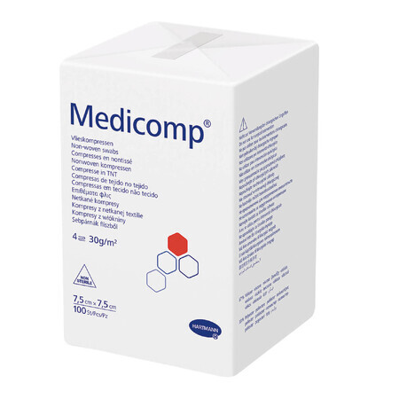 Medicomp, non sterile, compressa in tessuto non tessuto, 4 strati, 30 g/m2, 7,5 cm x 7,5 cm, 100 pezzi