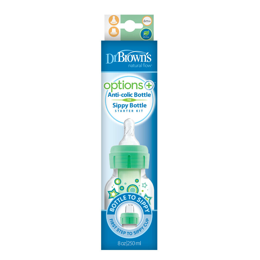 Dr Brown's Options+, Set da biberon a tazza, biberon anticolica con collo stretto e tettarella misura 3, 250 ml + bocchino antigoccia, verde