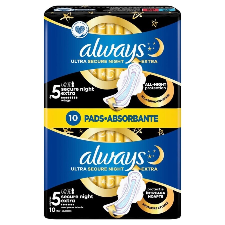 Always Ultra Secure Night, serviettes hygiéniques avec ailettes, taille 5, Extra, 10 pièces