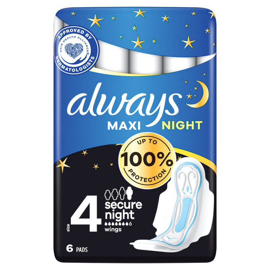 Always Secure Night Hygienic Towels with wings, size 4, Maxi, 6 pieces