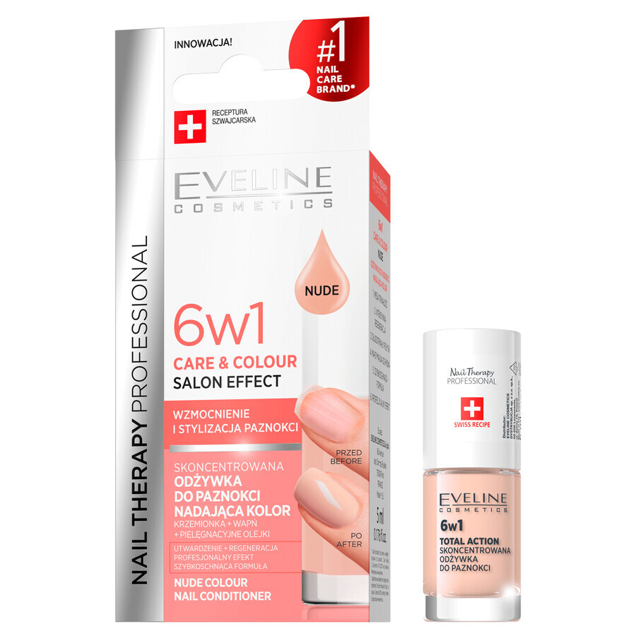 Eveline Cosmetics Nail Therapy, acondicionador de uñas que da color 6 en 1, Nude, 5 ml