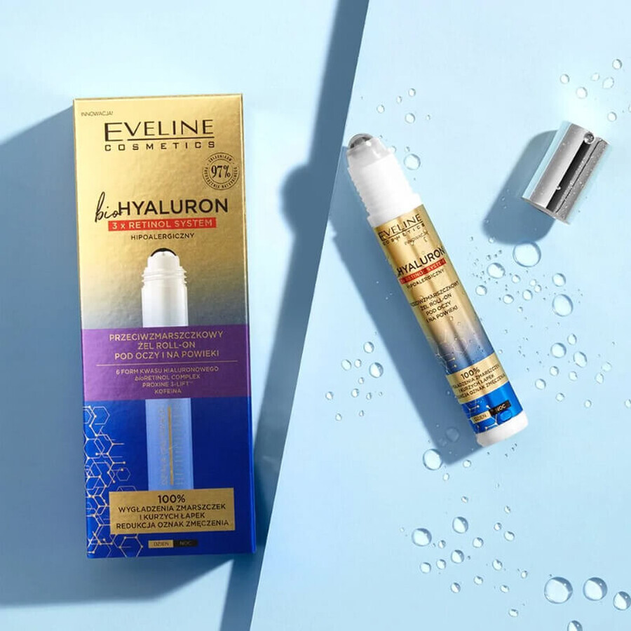 Eveline Cosmetics Bio Hyaluron 3 x Retinol, gel roll-on anti-rides pour les yeux et les paupières, 15 ml