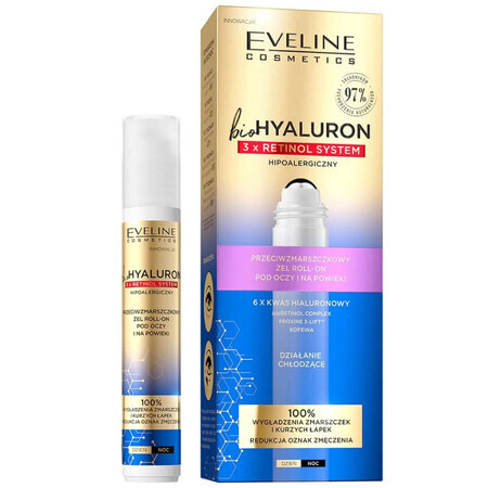 Eveline Cosmetics Bio Hyaluron 3 x Retinol, gel roll-on anti-rides pour les yeux et les paupières, 15 ml