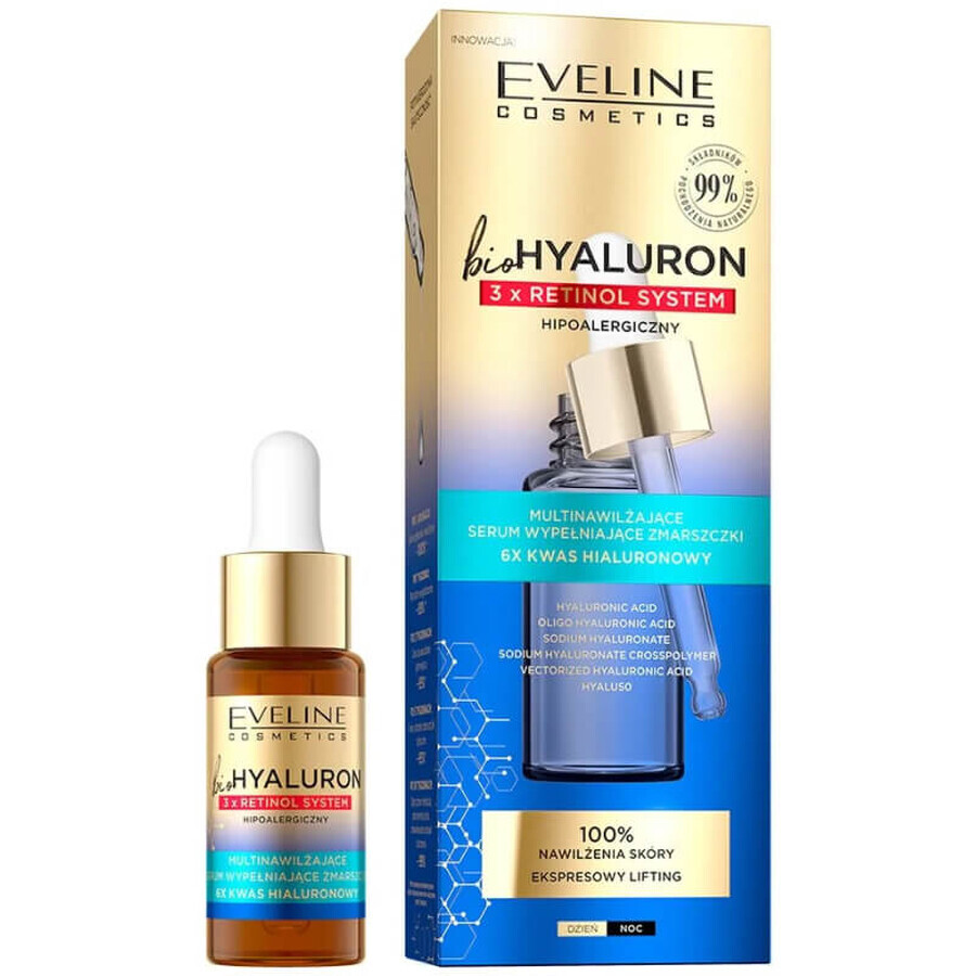 Eveline Cosmetics Bio Hyaluron 3 x Retinol System, feuchtigkeitsspendendes Serum zum Auffüllen von Falten, 18 ml