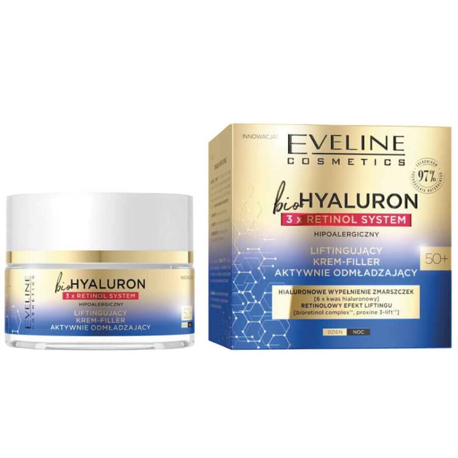 Eveline Cosmetics Bio Hyaluron 3 x Retinol System 50+, crème visage liftante, activement rajeunissante, 50 ml