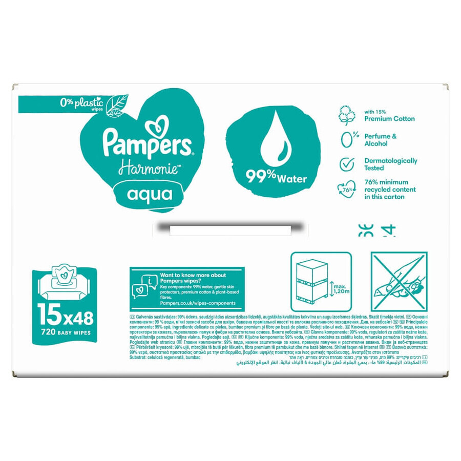 Pampers Harmonie Aqua, șervețele umede, 15 x 48 buc