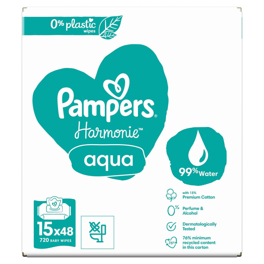 Pampers Harmonie Aqua, șervețele umede, 15 x 48 buc