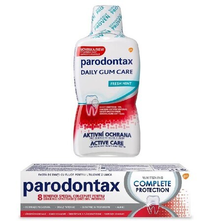 Kompletter Schutz Whitening-Zahnpasta Parodontax, 75 ml + Tägliche Zahnfleischpflege Fresh Mint Parodontax Alkoholfreie Mundspülung, 500 ml, Gsk