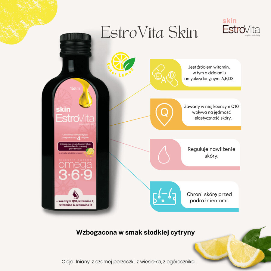 EstroVita Skin, Ester der Omega-Säuren 3-6-9, süßer Zitronengeschmack, 150 ml