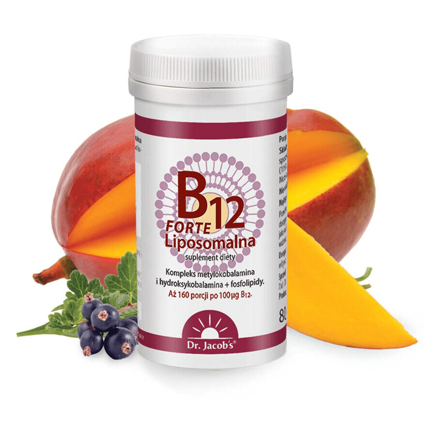 Dr. Jacob's B12 Liposomal Forte, sublinguales Pulver, Johannisbeer-Mango-Geschmack, 80 g