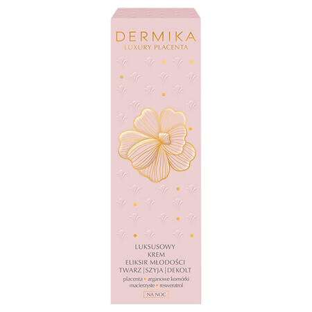 Dermika Luxury Placenta, lussuosa crema-elisir di giovinezza per viso, collo e décolleté, notte, 50 ml