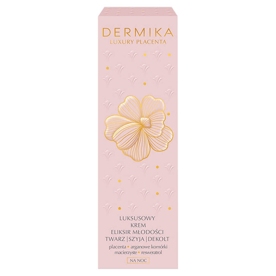 Dermika Luxury Placenta, lussuosa crema-elisir di giovinezza per viso, collo e décolleté, notte, 50 ml