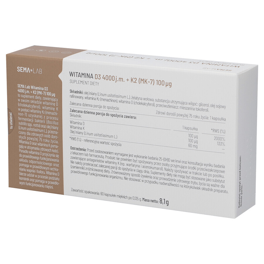 SEMA Lab Vitamin D3 4000 IU + K2 (MK-7) 100 µg, 60 Weichkapseln