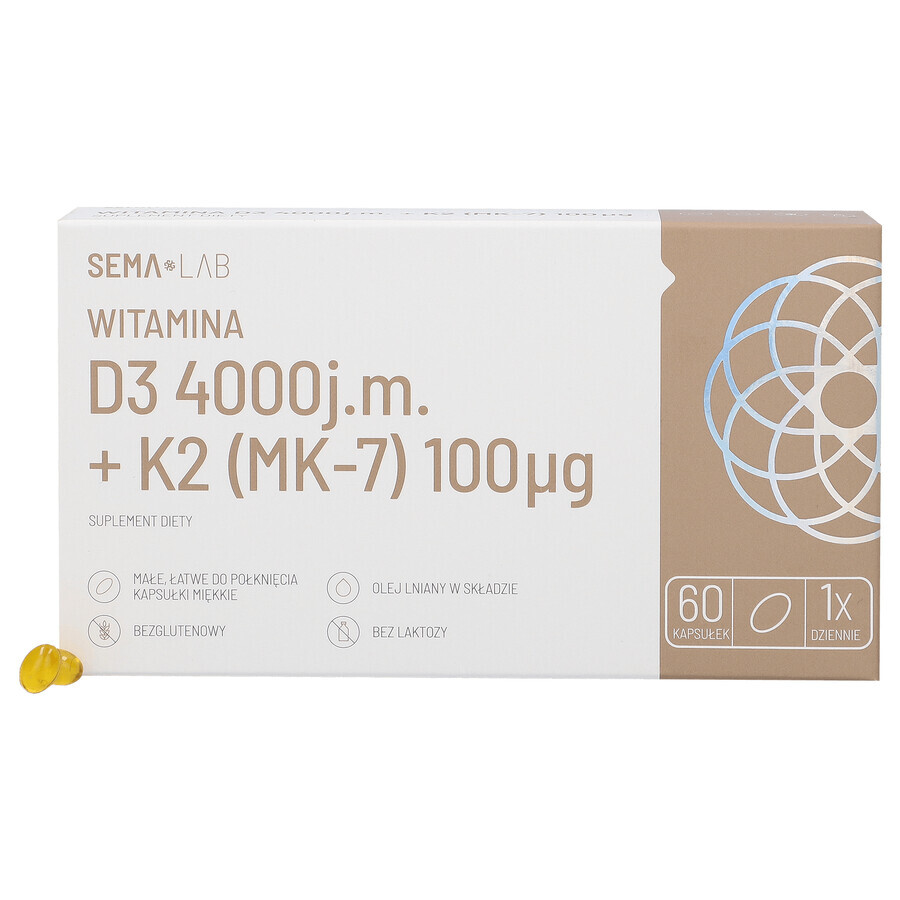 SEMA Lab Vitamin D3 4000 IU + K2 (MK-7) 100 µg, 60 Weichkapseln