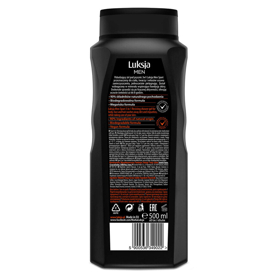 Luxja Men Sport, gel doccia stimolante 3 in 1, complesso minerale, 500 ml