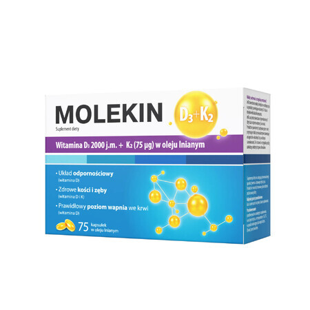 Molekin D3 + K2, vitamine D 2000 IE + vitamine K 75 µg in lijnzaadolie, 75 capsules