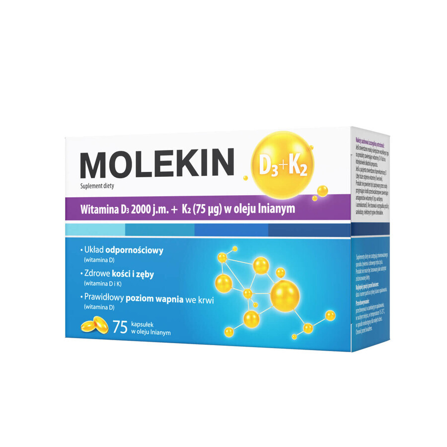 Molekin D3 + K2, vitamine D 2000 IE + vitamine K 75 µg in lijnzaadolie, 75 capsules