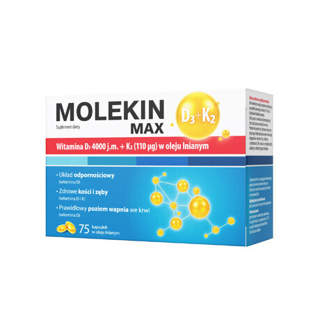 Molekin D3 + K2 Max, vitamine D 4000 UI + vitamine K 110 µg dans l'huile de lin, 75 gélules