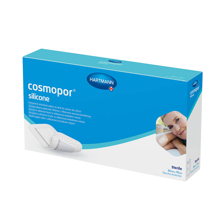 Cosmopor silicon, pansament absorbant, autoadeziv, steril, cu strat de contact siliconic, 20 cm x 10 cm, 5 buc