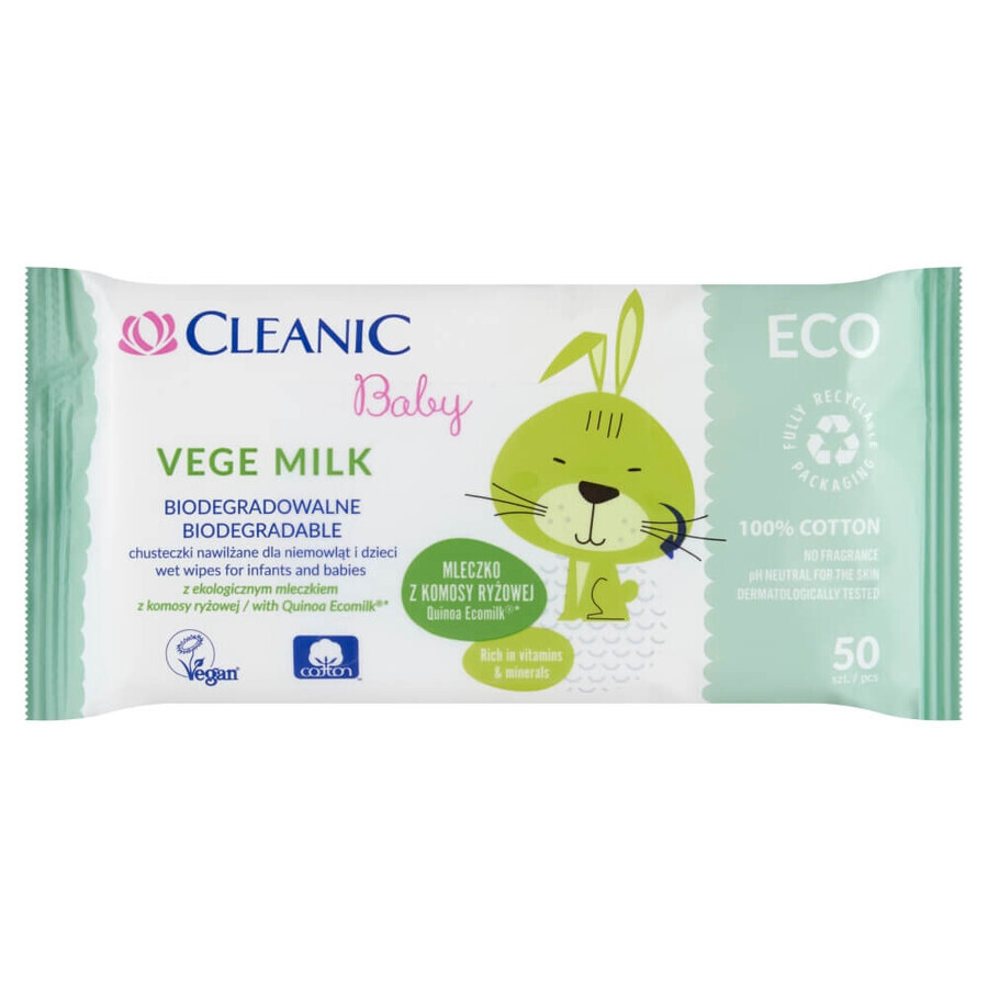 Cleanic Baby Eco Vege Milk, biologisch abbaubare Feuchttücher für Säuglinge und Kinder, 50 Stück