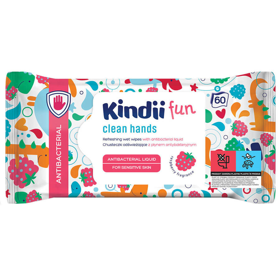 Kindii Fun, lingettes humides rafraîchissantes avec liquide antibactérien, 60 pièces