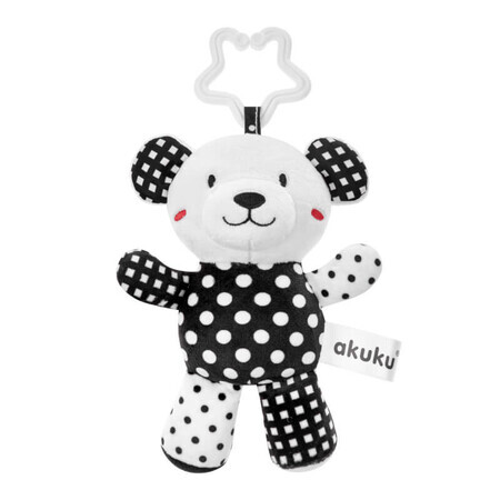 AKUKU, hochet en peluche avec étiquette, ourson noir et blanc, à partir de 3 mois, 1 pièce