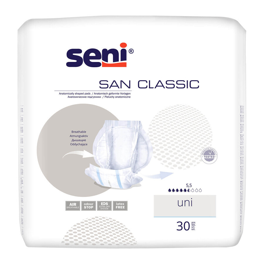 Seni San Classic, anatomical diapers, Uni, 30 cm x 62.5 cm, 30 pcs