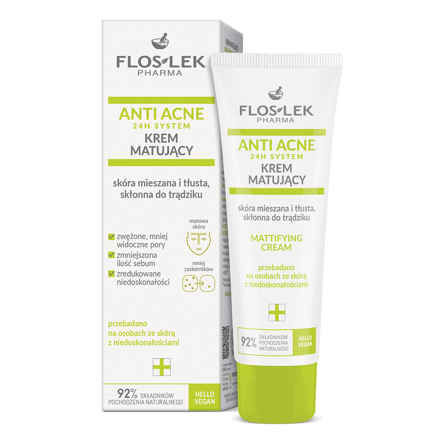 Flos-lek Anti Acne 24h System, mattierende Creme, Misch- und fettige Haut, anfällig für Akne, 50 ml