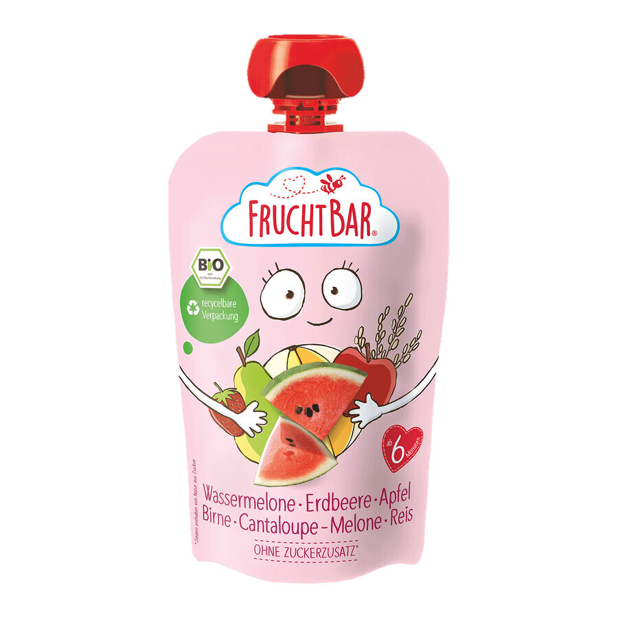 Fruchtbar Bio Fruchtmousse mit Körnern in der Tube, Wassermelone, Erdbeere, Apfel, Birne, Melone, Reis, nach 6 Monaten, 100 g