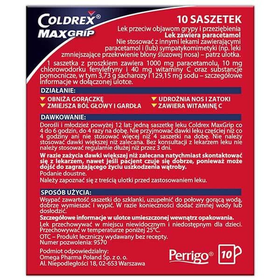 Coldrex MaxGrip 1000 mg + 10 mg + 40 mg, Zitronengeschmack, 10 Portionsbeutel