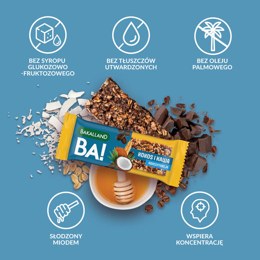 Bakalland BA! Batoane de cereale, nucă de cocos și cafea, concentrare, 35 g