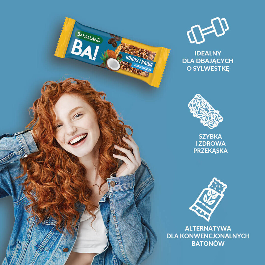 Bakalland BA! Müsliriegel, Kokosnuss und Kaffee, Konzentration, 35 g