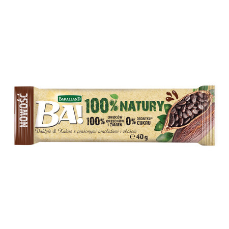 Bakalland BA! 100% Nature Fruit Bar, Datteln und Kakao mit gerösteten Erdnüssen und Müsli, ohne Zuckerzusatz, 40 g