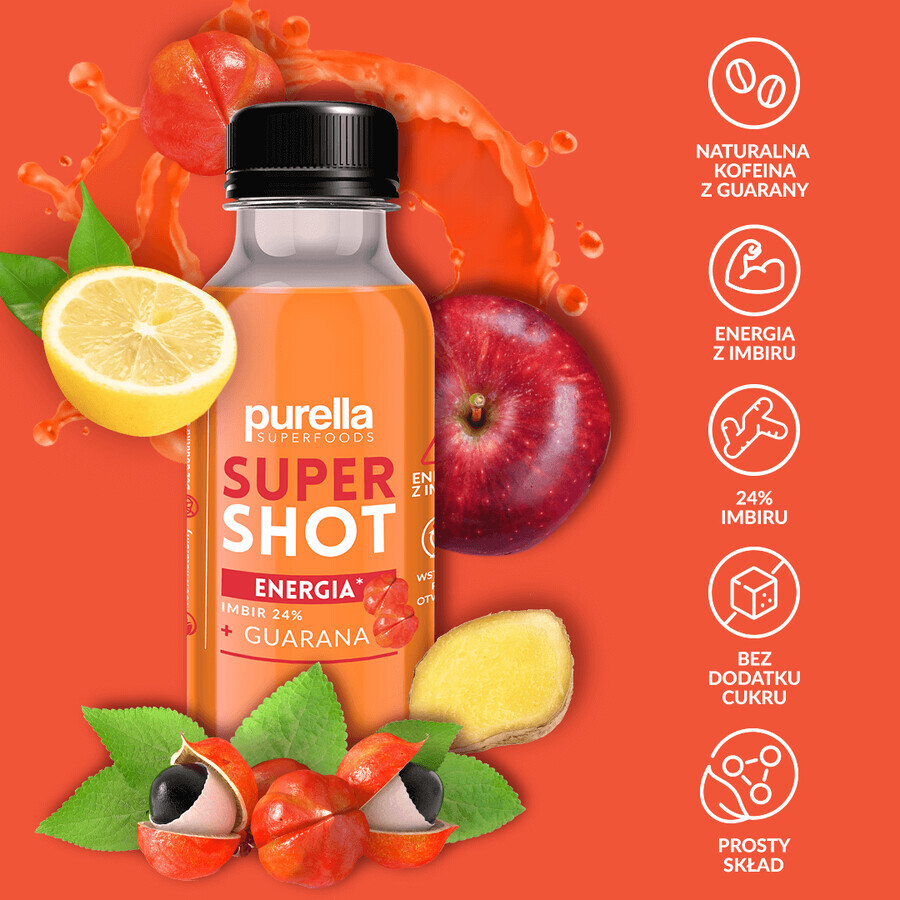 Purella Superfoods SuperShot Energy, flat drink, ginger + guarana, 100 ml