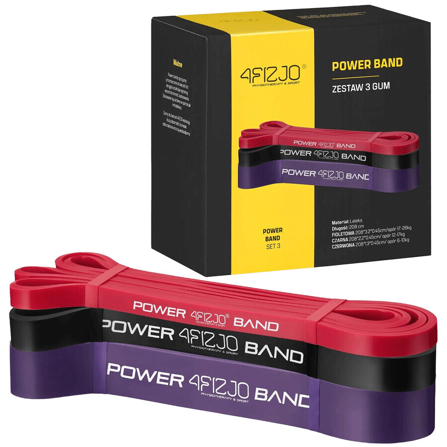 4Fizjo Power Band, Set von Widerstandsbändern für Übungen, 3 Stück