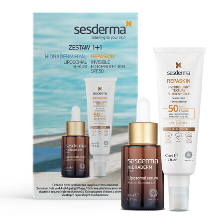 Set Sesderma Hidraderm Hyal, ser lipozomic, 30 ml + Repaskin, protecție solară facială ușoară, SPF 50, 50 ml