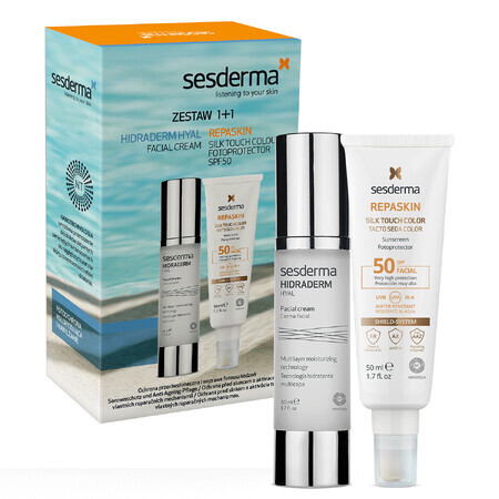 Set Sesderma Hidraderm Hyal, cremă facială, 50 ml + Repaskin Silk Touch Color, protecție solară facială, colorant, SPF 50, 50 ml