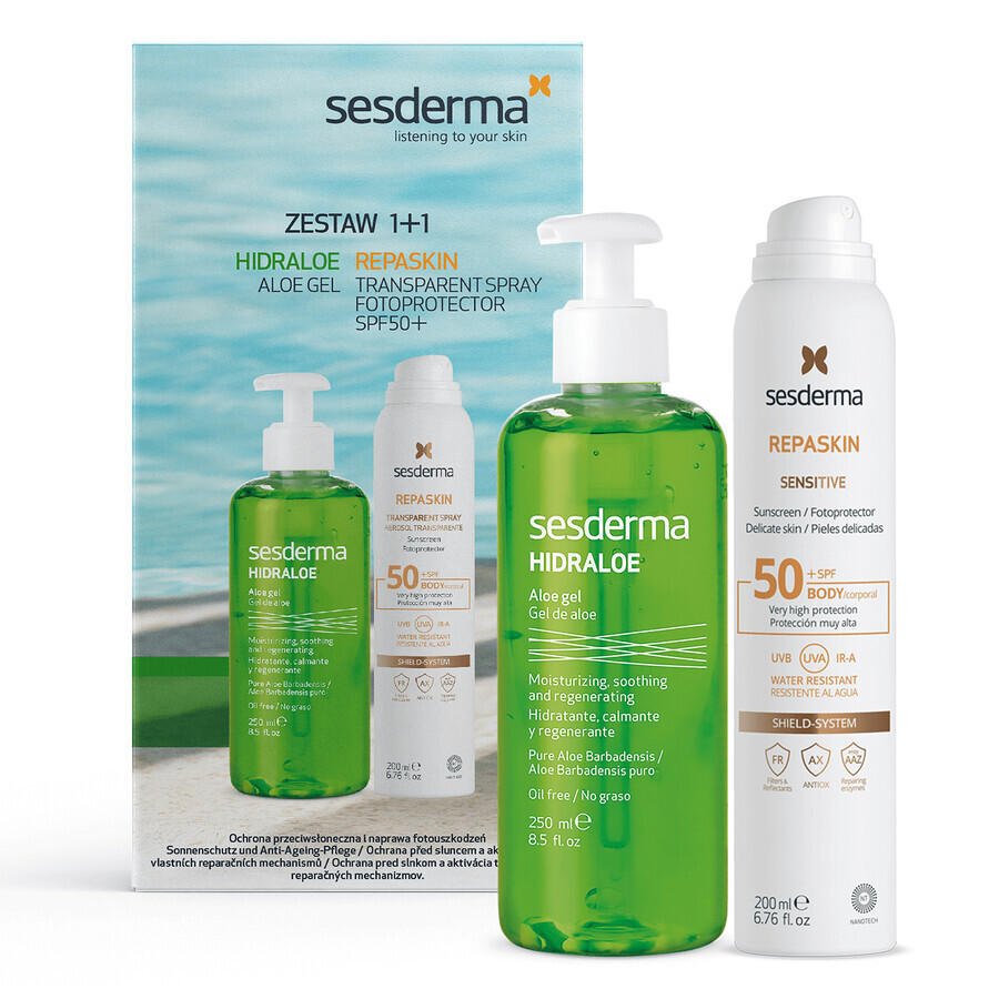 Sesderma Hidraloe Set, Körpergel, Aloe Vera, 250 ml + Repaskin, Körper-Sonnenschutzspray, SPF 50+, 200 ml