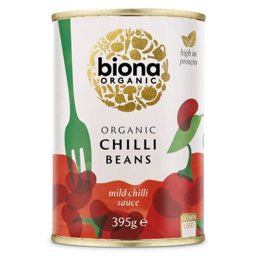 Fagioli rossi biologici in scatola con salsa al peperoncino, 395 g, Biona