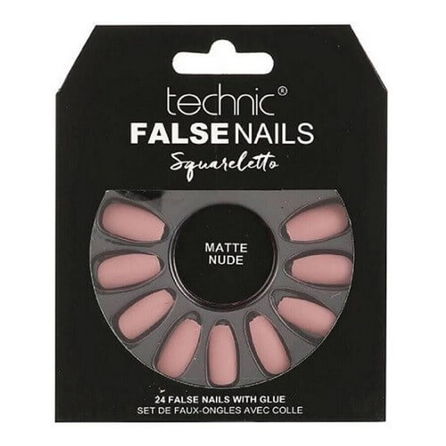 Set mit 24 falschen Nägeln, Technic, Falsche Nägel, Squareletto, Matte Nude, inklusive Kleber