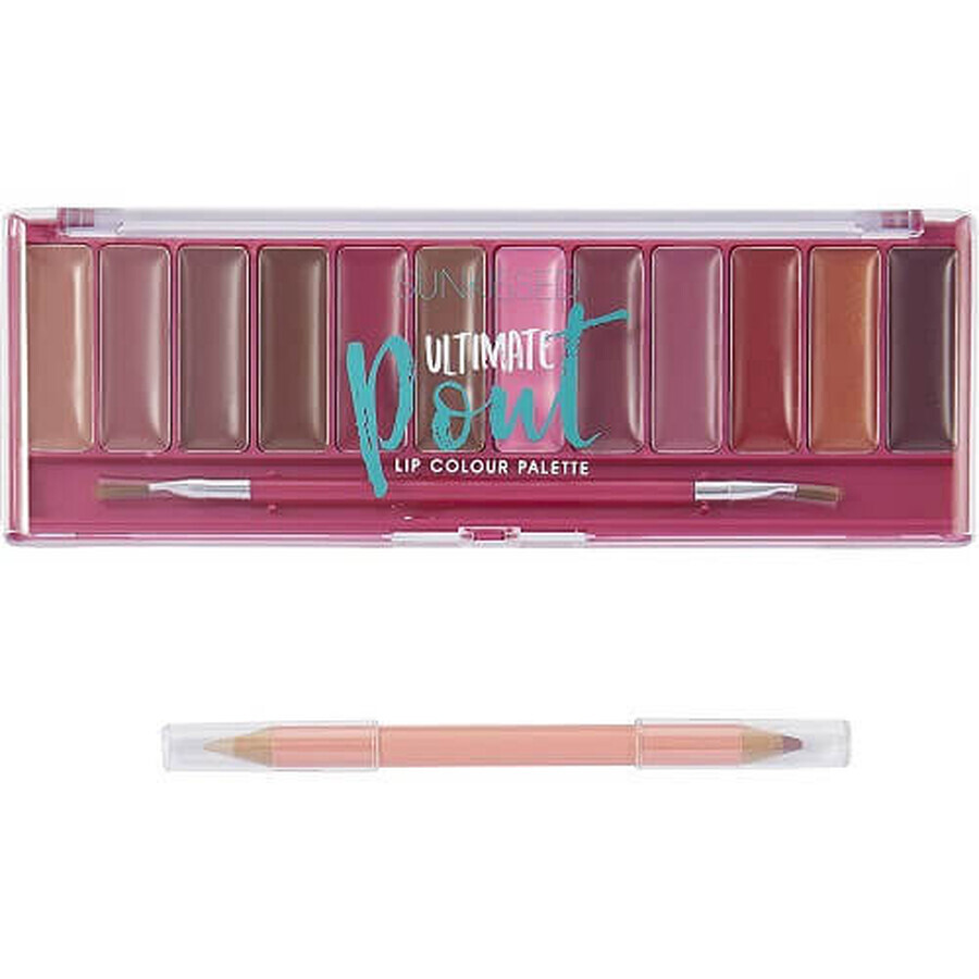 Paleta machiaj buze, Sunkissed, Ultimate Pout, 12 rujuri, creion si pensula aplicare