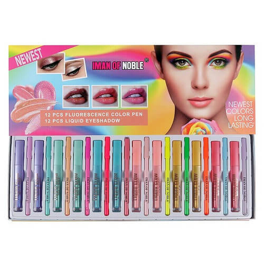 Set mit 12 Lippenstiften und 12 Augenstiften, Iman of Noble, fluoreszierend