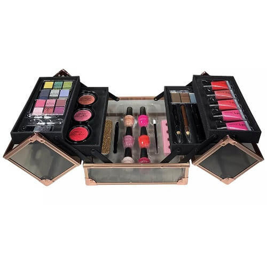 Geanta Machiaj cu Produse Cosmetice, Technic, Beauty Case, Black & Rose Gold