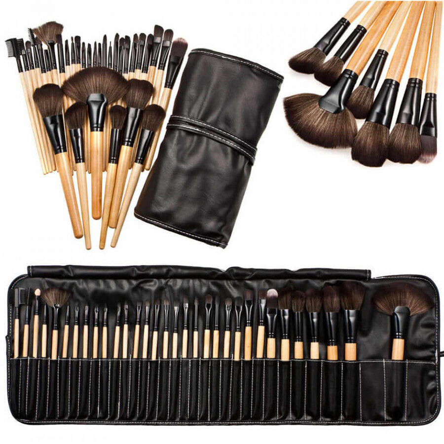 Set von 32 Fraulein38 Natural Wood Make-up Pinsel + Aufbewahrungstasche