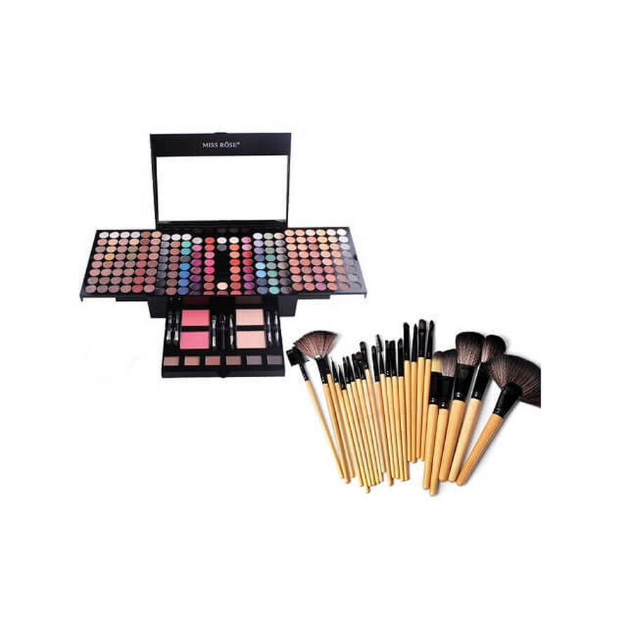 Promo-Paket: Miss Rose Professional Makeup Kit 190 Farben + Set mit 24 Makeup-Pinseln + Handtasche