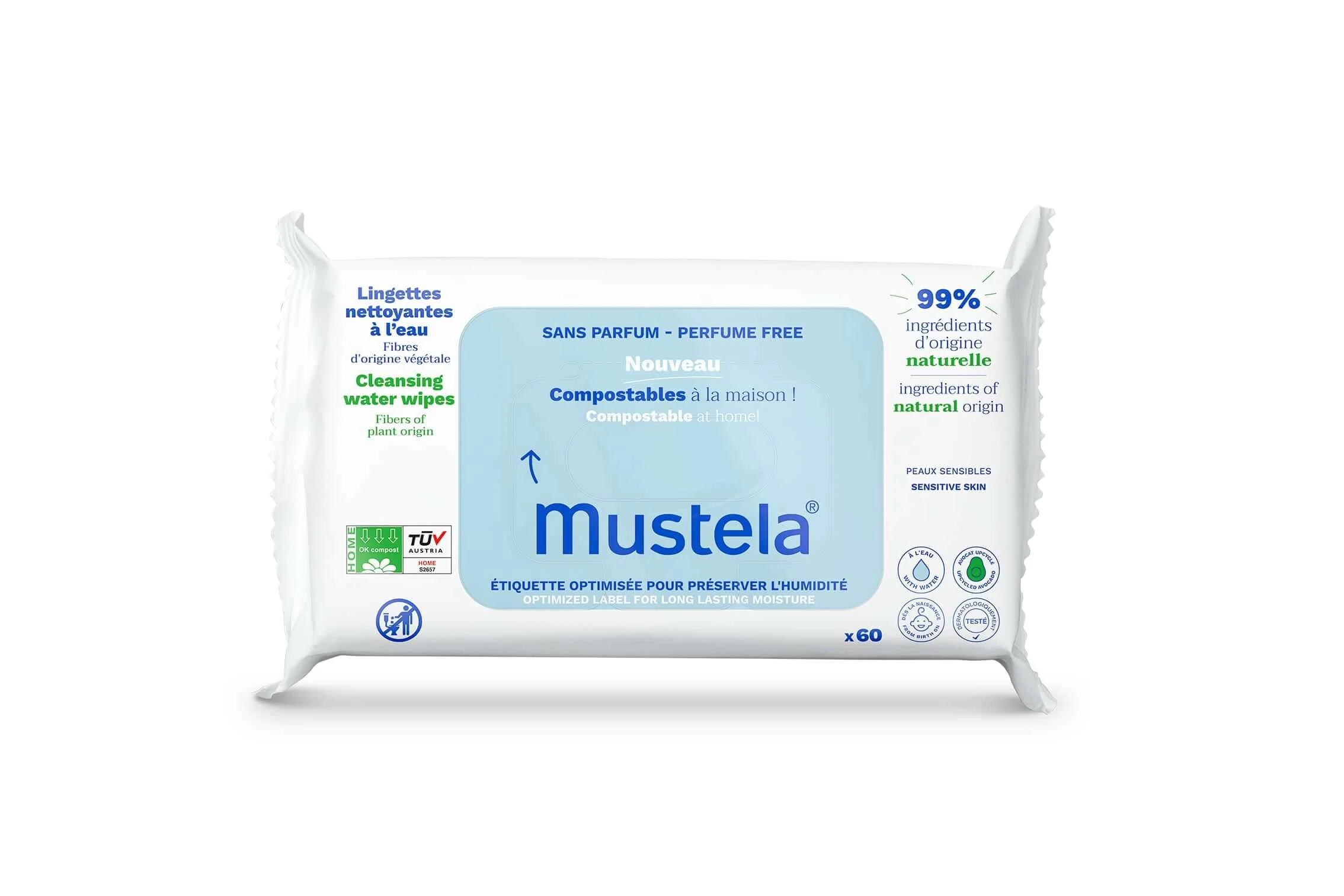 Mustela, Wasser kompostierbare Reinigungstücher, ab dem Tag der Geburt, 60 Stück
